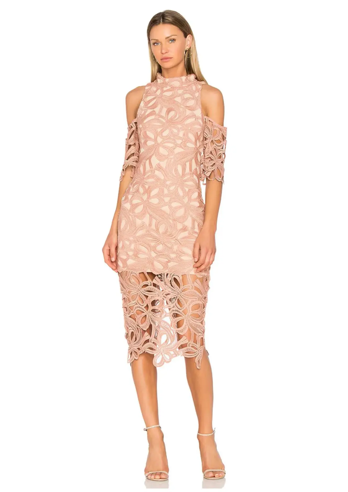 Elliatt Sight Embroidery Cold Shoulder Midi Dress Chalk Pink Size L / AU 12 - Image 1