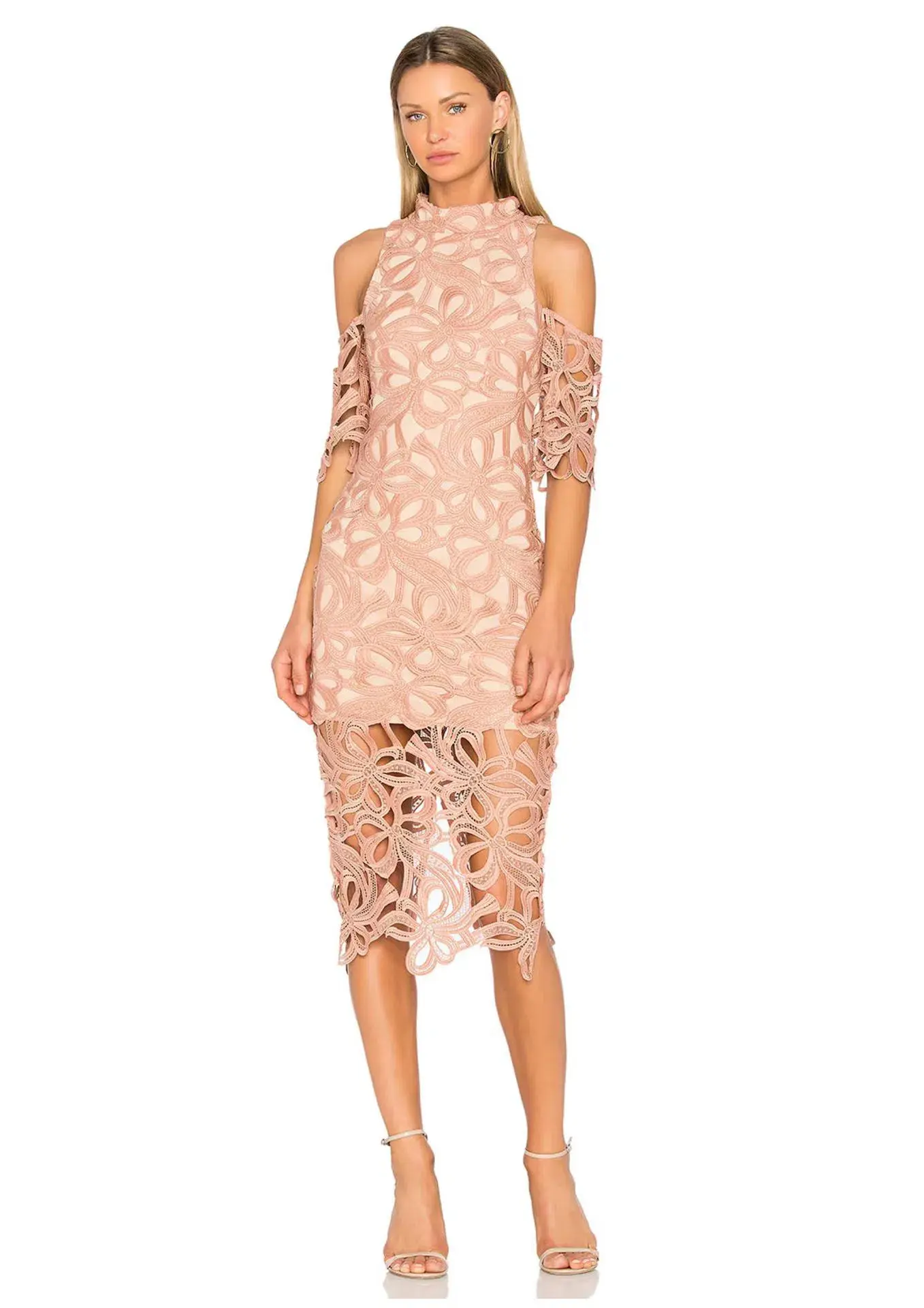 Elliatt Sight Embroidery Cold Shoulder Midi Dress Chalk Pink Size L / AU 12 - Image 1