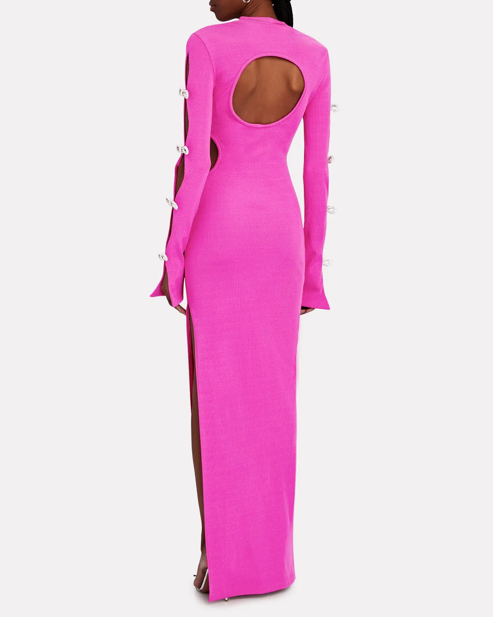 Mach & Mach Stretch Knit Cut Out Crystal Bow Sleeves Maxi Dress Pink Size 8 - Image 3