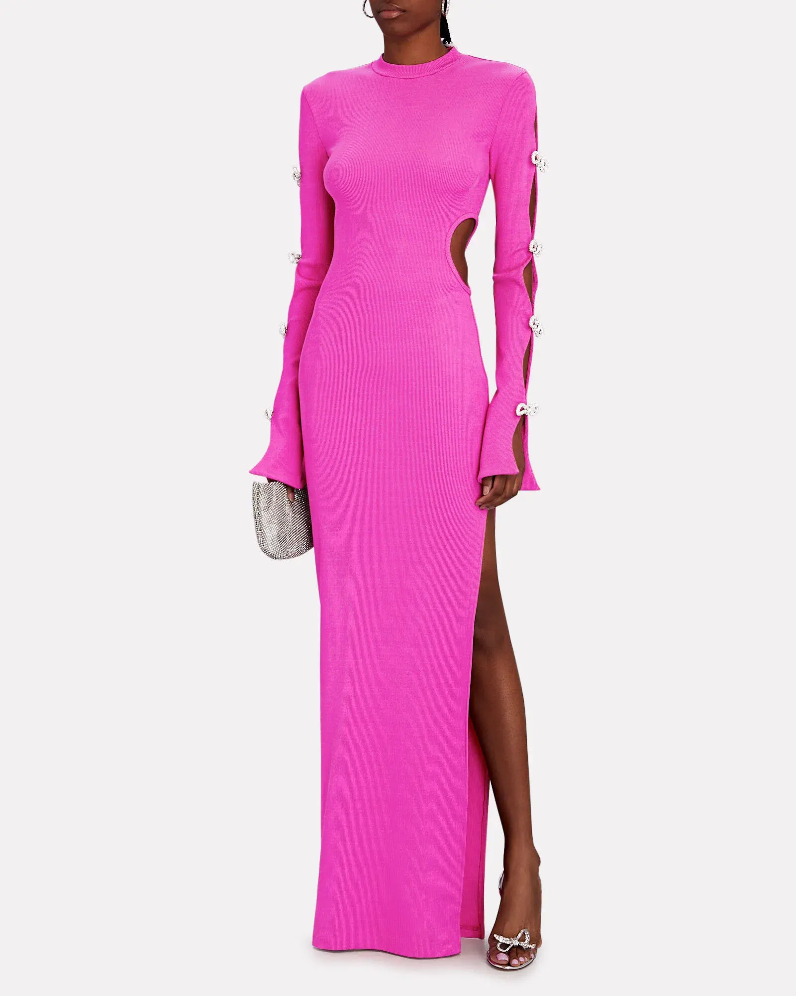 Mach & Mach Stretch Knit Cut Out Crystal Bow Sleeves Maxi Dress Pink Size 8 - Image 1