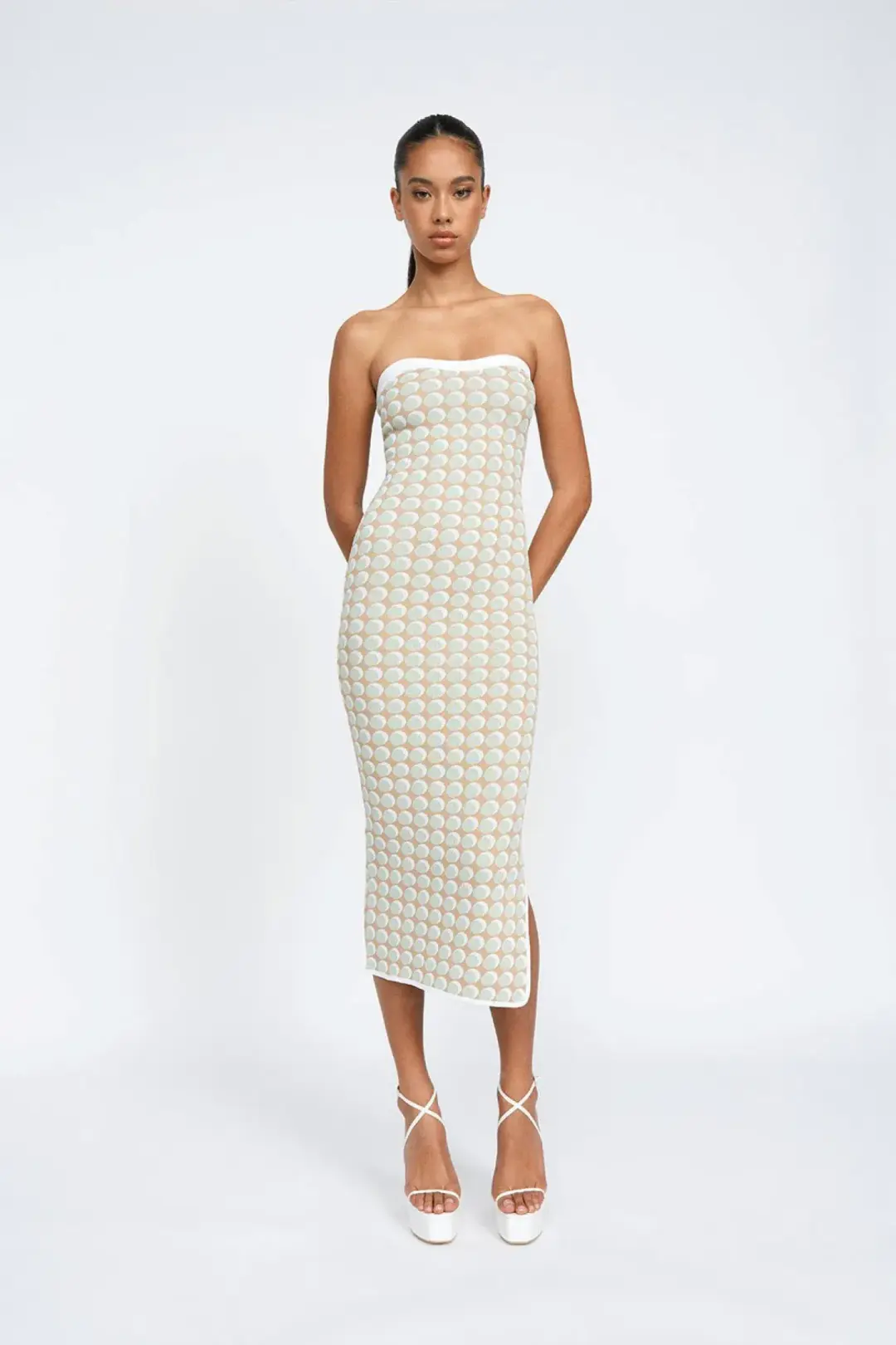 By Johnny Sol Geo Knit Midi Dress Pistachio Spot Size XS / AU 6 for rent on The Volte - main image