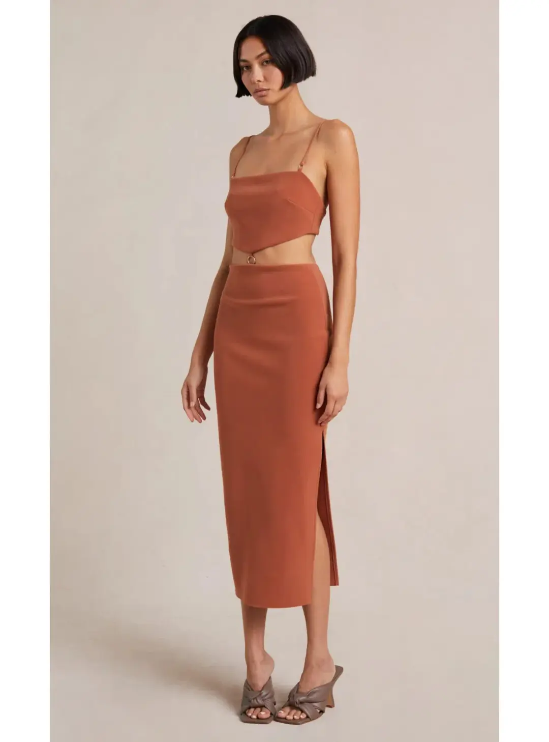Bec & Bridge Alba Cut Out Midi Dress Terracotta  Size AU 8 for rent on The Volte - main image