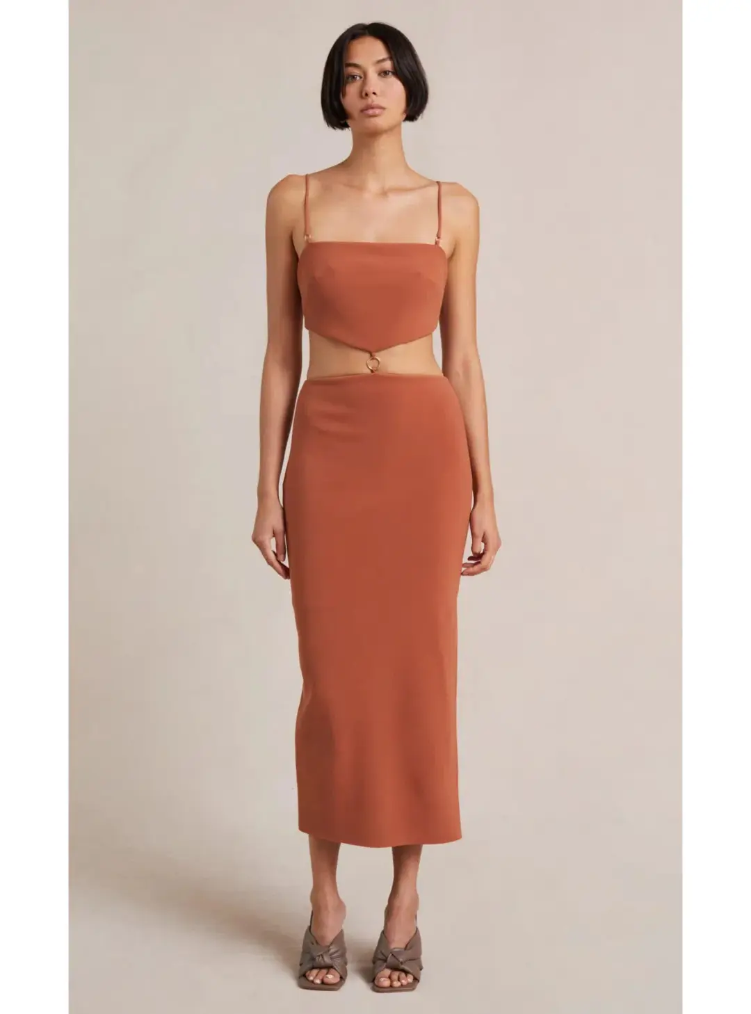 Bec & Bridge Alba Cut Out Midi Dress Terracotta  Size AU 8 for rent on The Volte - main image