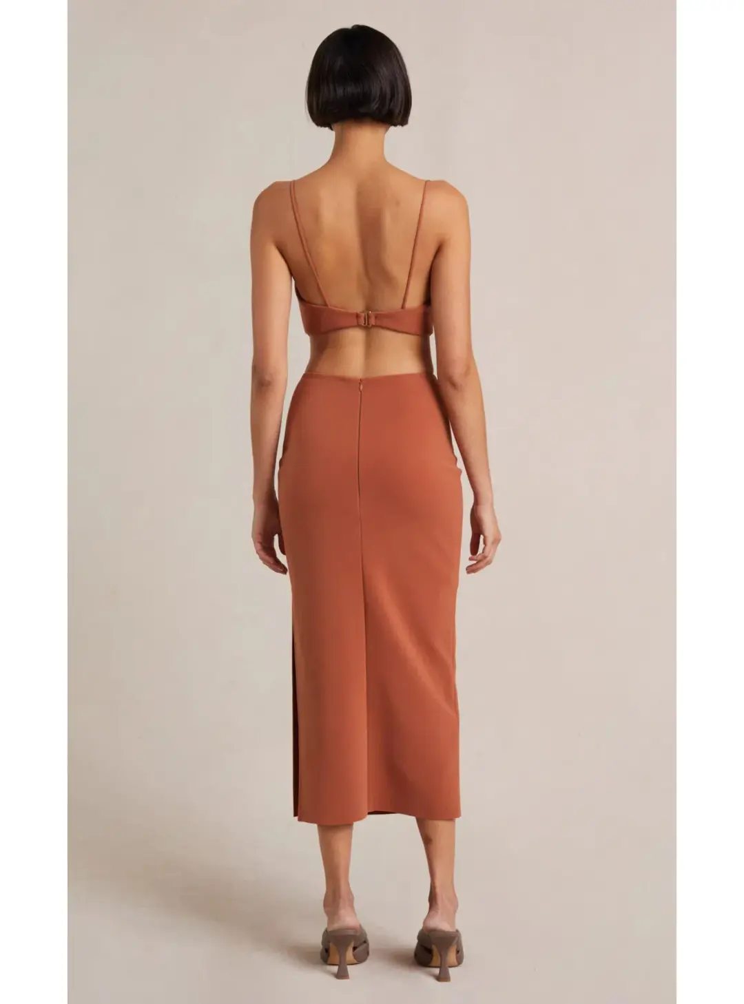 Bec & Bridge Alba Cut Out Midi Dress Terracotta  Size AU 8 for rent on The Volte - main image