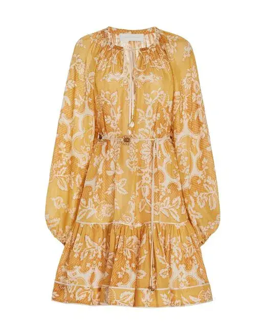 Zimmermann Raie Tiered Billow Mini Dress in Gold Damask Size 0/8 AU - Image 3