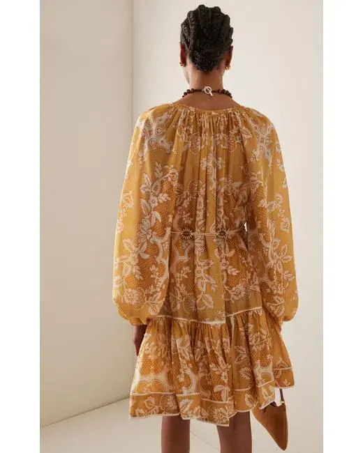 Zimmermann Raie Tiered Billow Mini Dress in Gold Damask Size 0/8 AU - Image 2