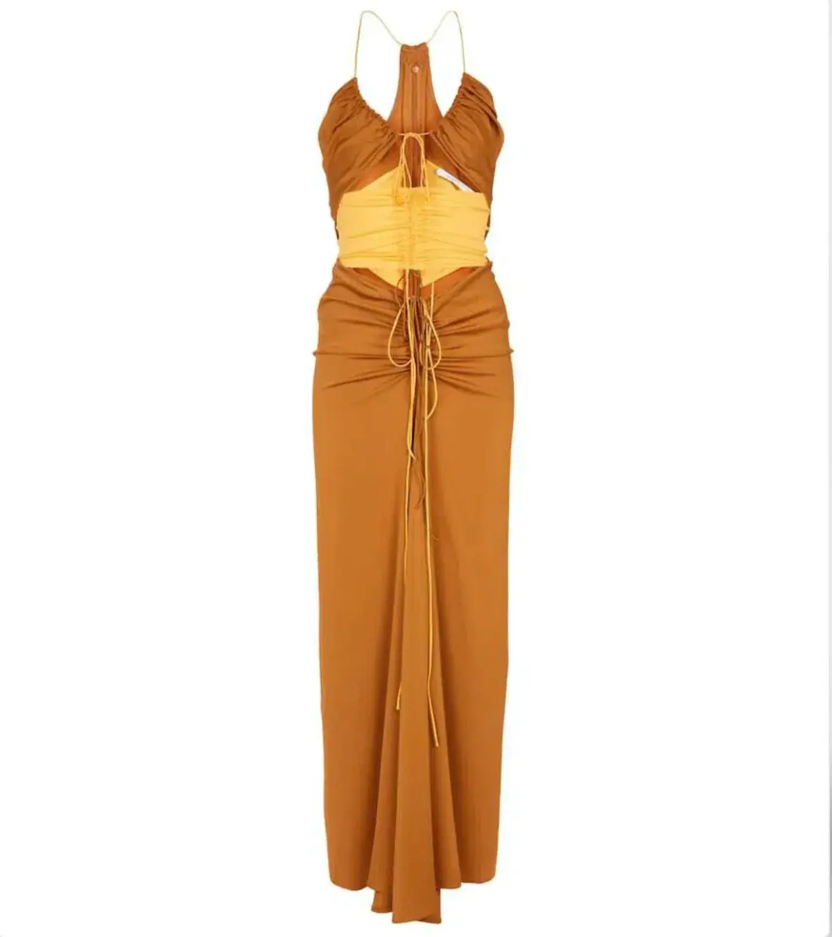 Christopher Esber  Multi Panel Disconnect Ruched Halter Dress Caramel/Chalky Yellow Size 12 AU - Image 3