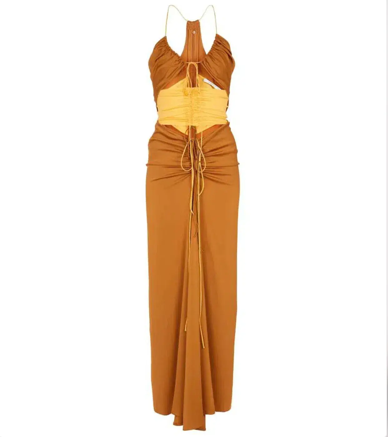 Christopher Esber  Multi Panel Disconnect Ruched Halter Dress Caramel/Chalky Yellow Size 12 AU - Image 3