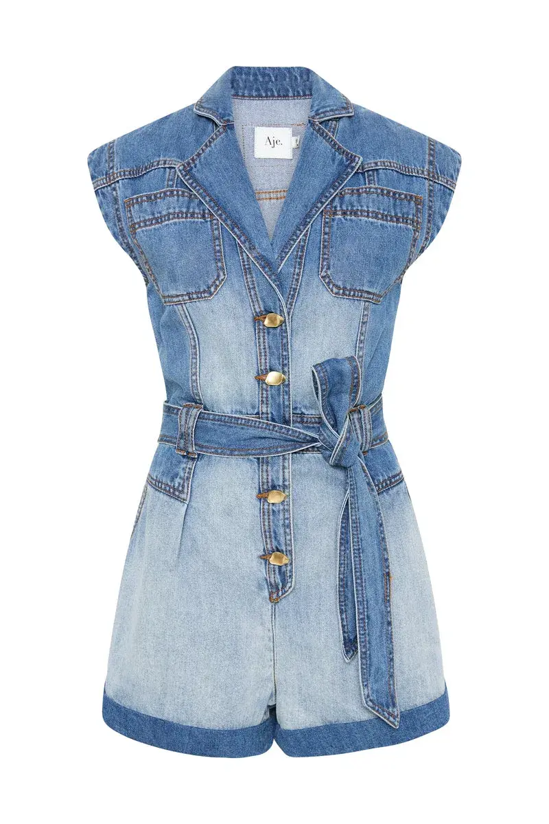 Aje Ines Panelled Denim Playsuit Twintone Indigo Size 14  for rent on The Volte - main image