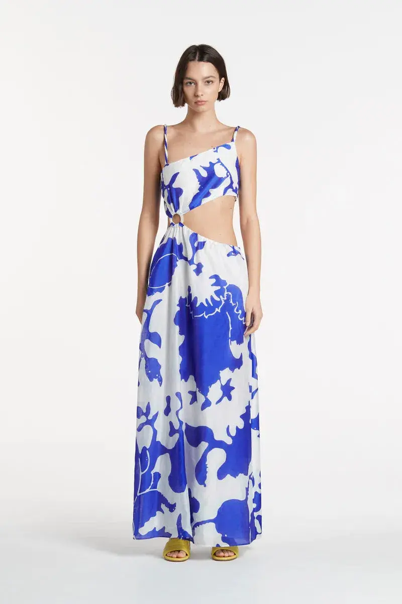 Sir The Label Marlowe Vivi Asymmetric Cut Out Dress Blue Print Size 2/AU 10 - Image 1