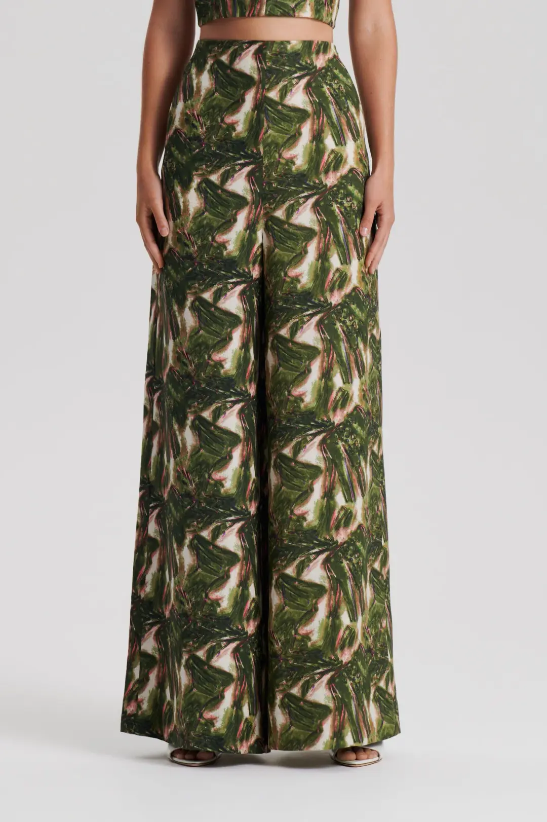 Scanlan Theodore Italian Printed Linen Bralette in Size 10 & Trouser in Size 8 Set Khaki for rent on The Volte - main image