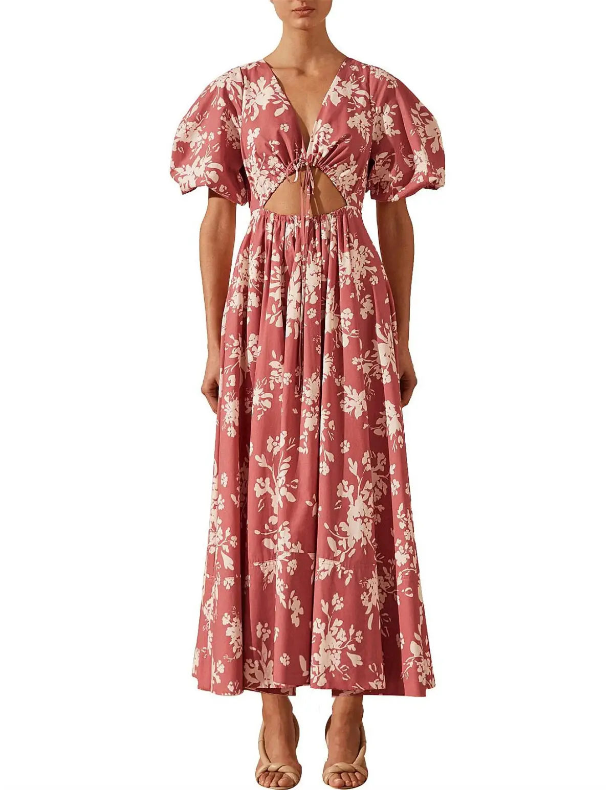 Shona Joy Cali Short Sleeve Cut Out Midi Dress Pink Floral Size 10 - Image 1