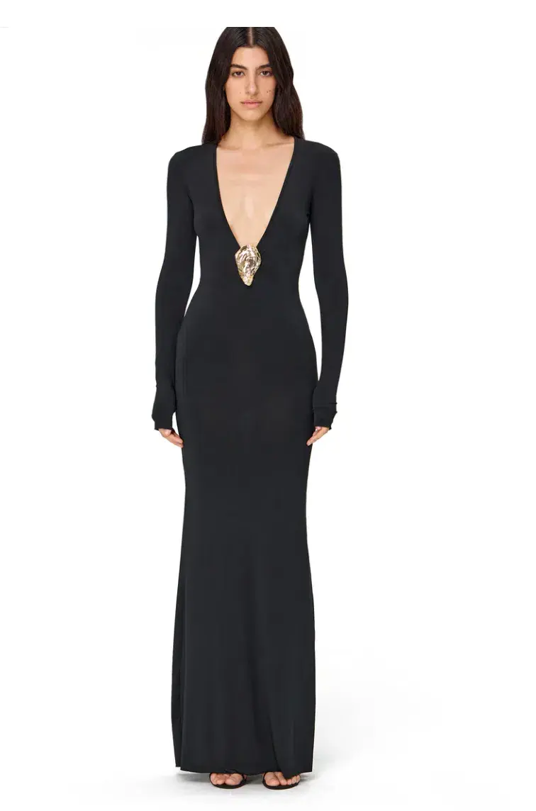 Korobeynikov	Lycra Long Sleeve Maxi Dress Deep Neckline with Metal Shell Decor Black One Size - Image 2