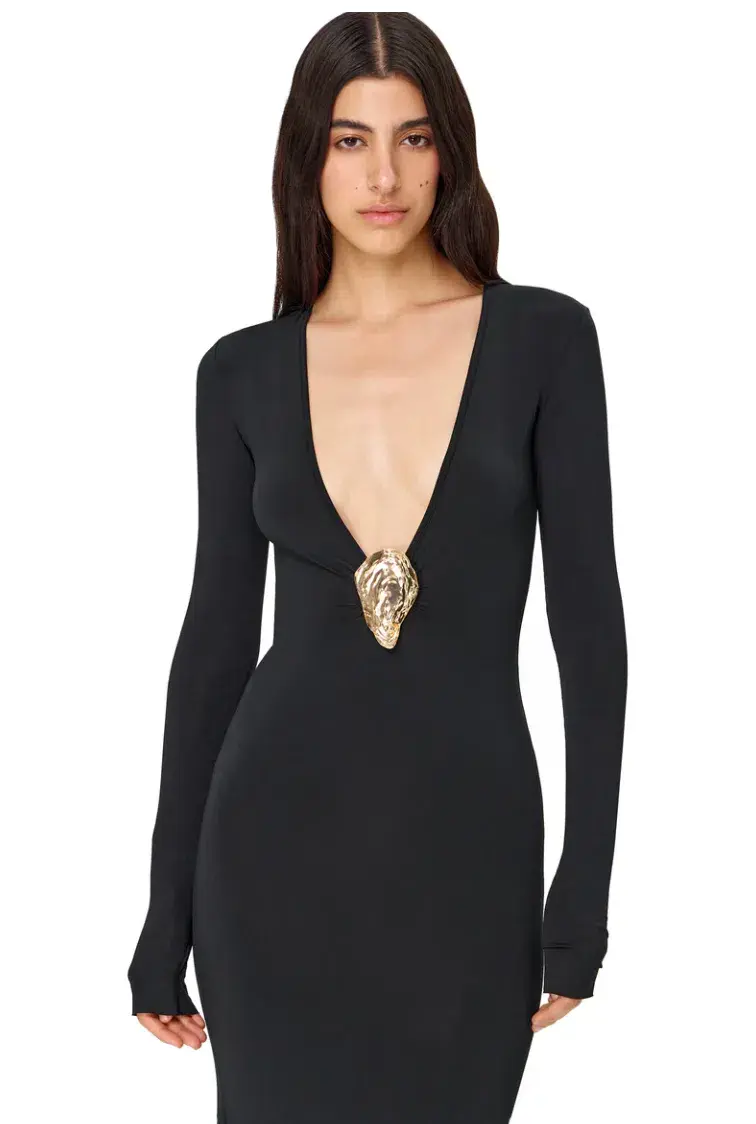 Korobeynikov	Lycra Long Sleeve Maxi Dress Deep Neckline with Metal Shell Decor Black One Size - Image 3