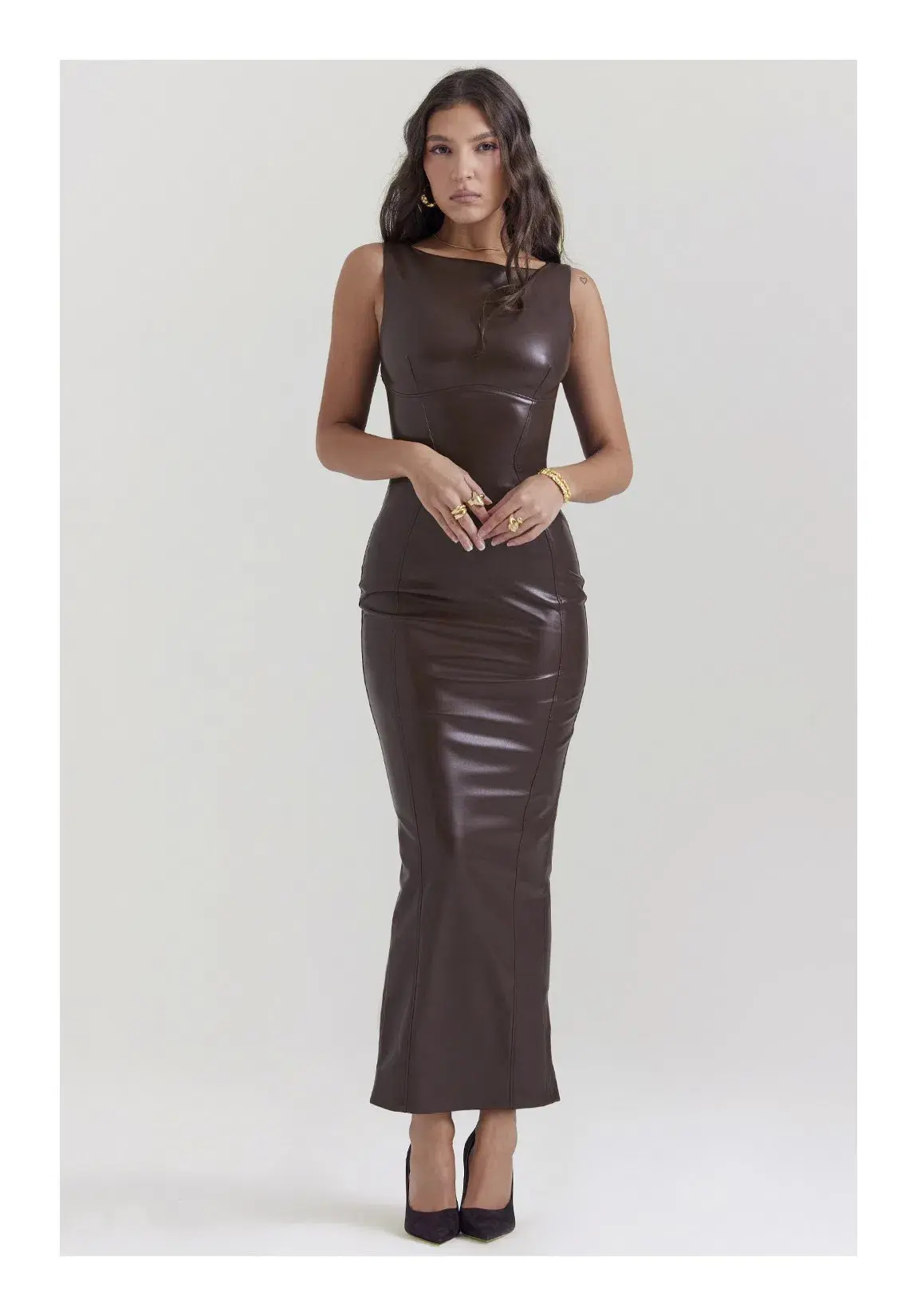 House of CB Sahara Vegan Leather Maxi Dress in Cocoa Size XS/ AU 6 - Image 1