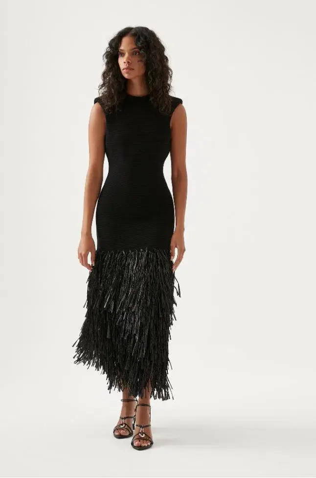 Aje Rushes Raffia Knit Midi Dress Black Size XXS  - Image 1