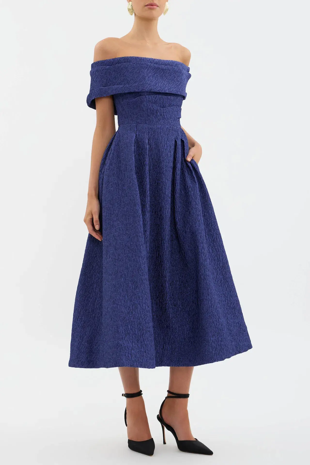 Rebecca Vallance Helene Off Shoulder Midi Dress Blue Size 12 - Image 1