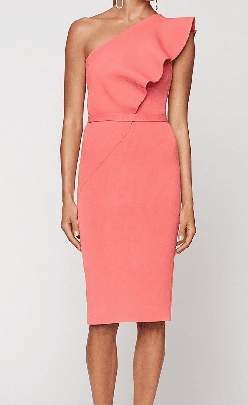 Scanlan Theodore Crepe Knit Ruffle Dress Watermelon Pink Size 6 for rent on The Volte - main image