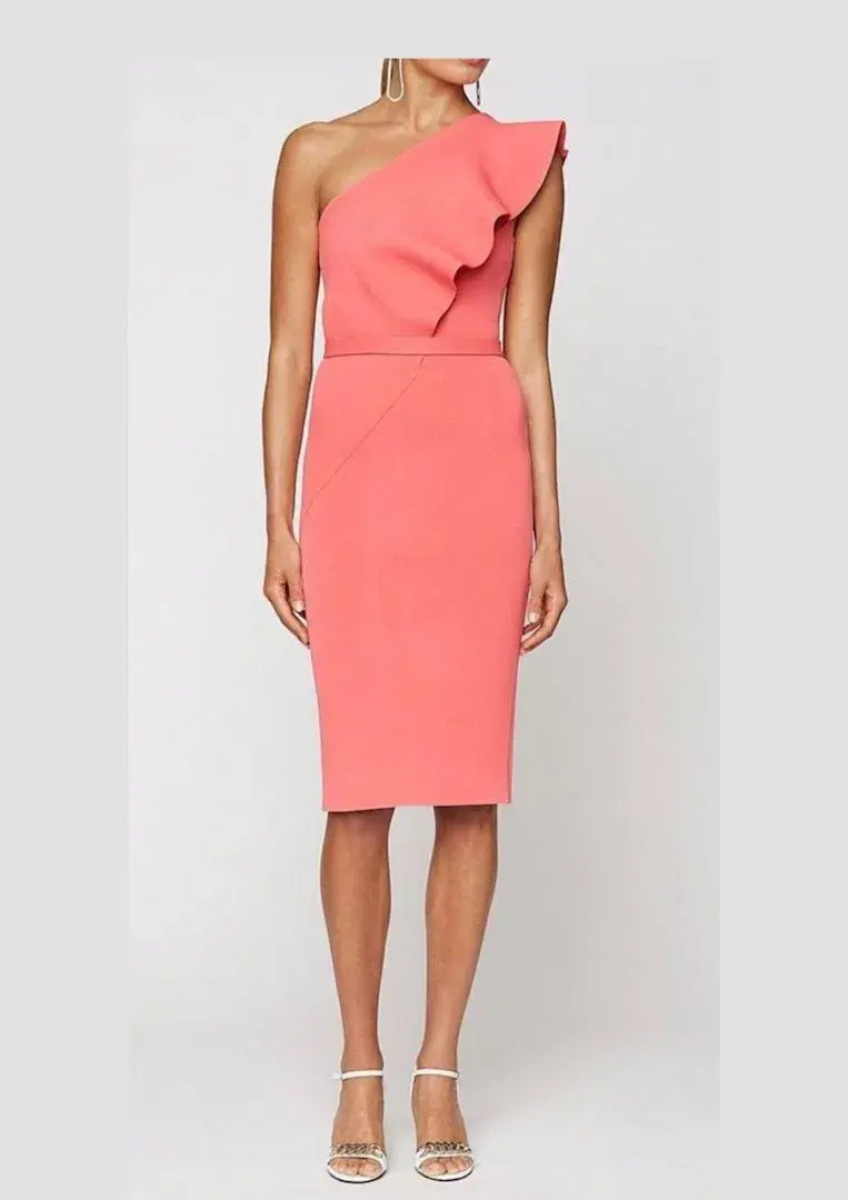 Scanlan Theodore Crepe Knit Ruffle Dress Watermelon Pink Size 6 for rent on The Volte - main image