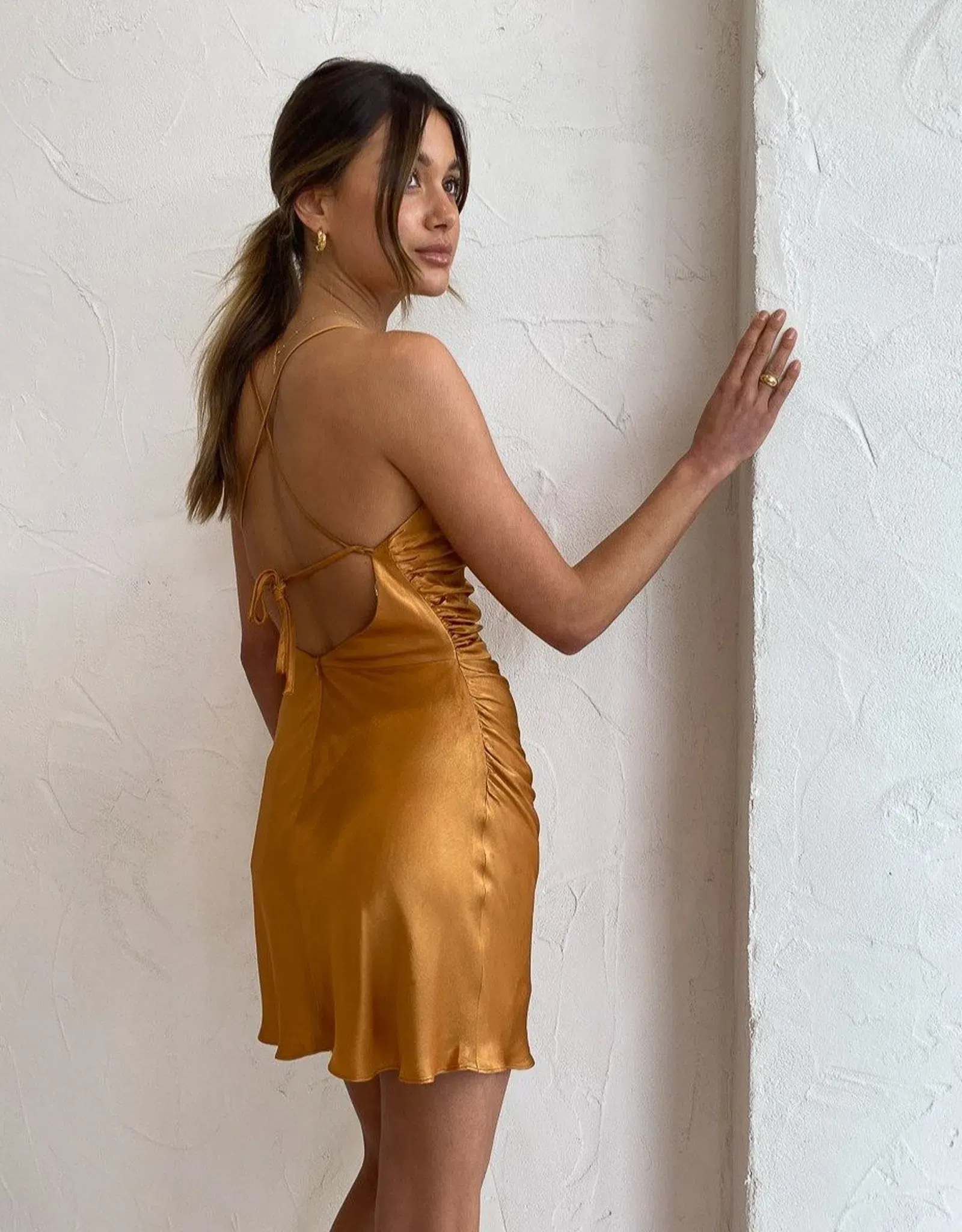 Shona Joy Alma Bias Cowl Mini Dress Turmeric Size 6 - Image 3
