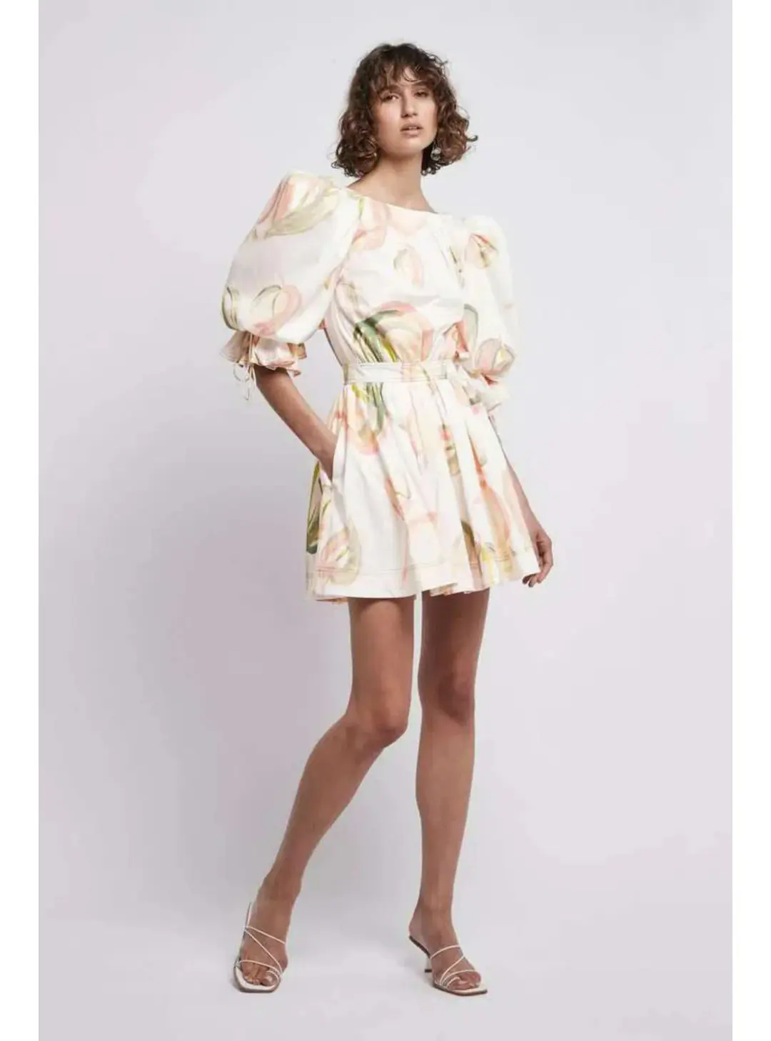 Aje Imprint Cotton Puff Sleeve Mini Dress In Painterly Laceleaf Size AU 6 for rent on The Volte - main image