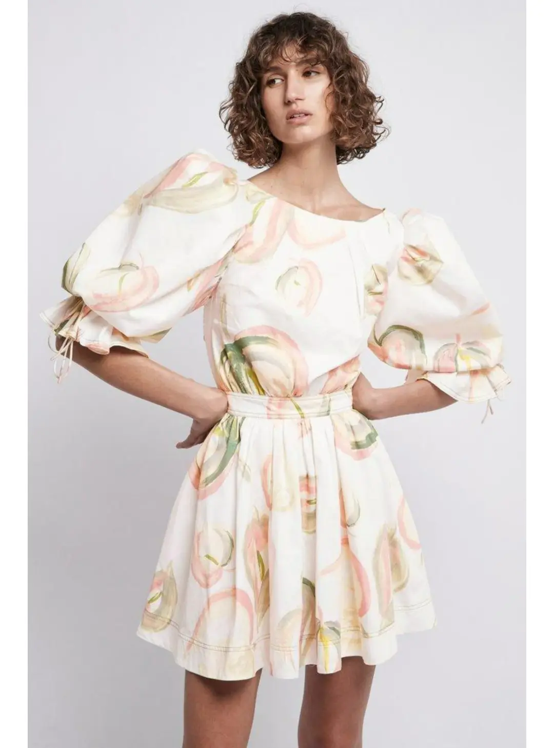 Aje Imprint Cotton Puff Sleeve Mini Dress In Painterly Laceleaf Size AU 6 for rent on The Volte - main image