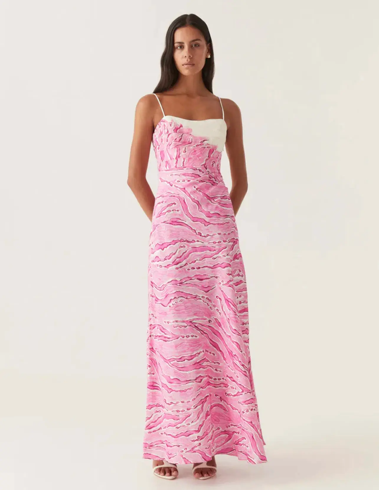 Aje Clarice Draped Maxi Dress in Pink and White Size 14 - Image 1