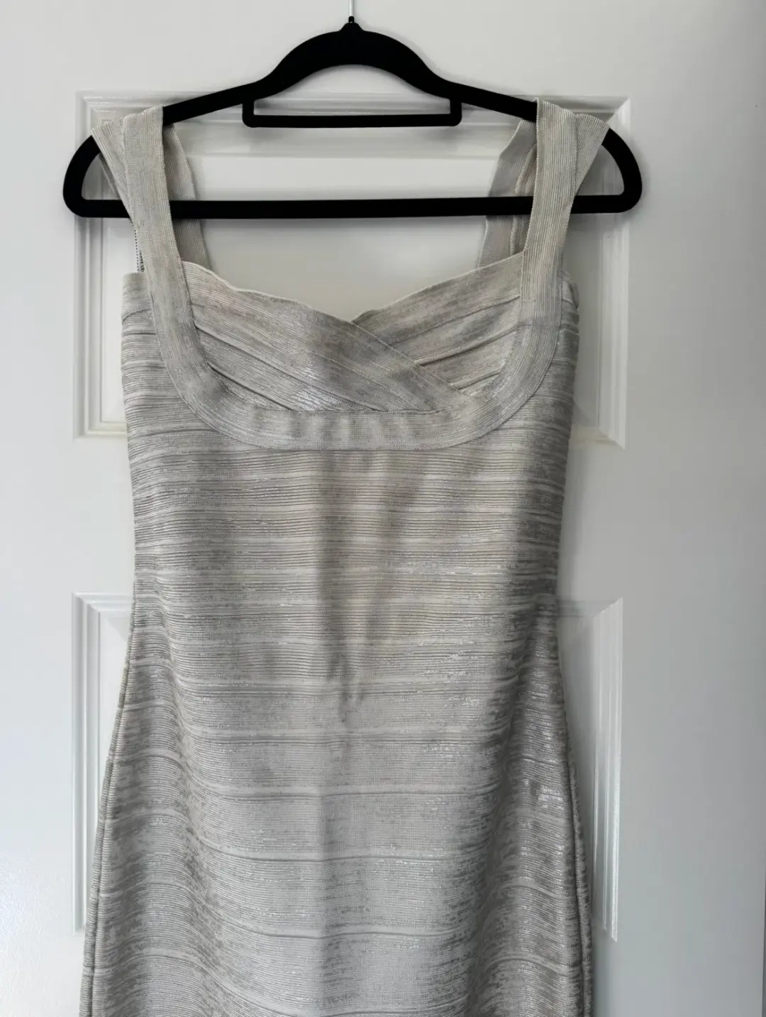 Herve Leger Sweetheart Banded Foil Gown Silver in Size XS/AU 6 for rent on The Volte - main image