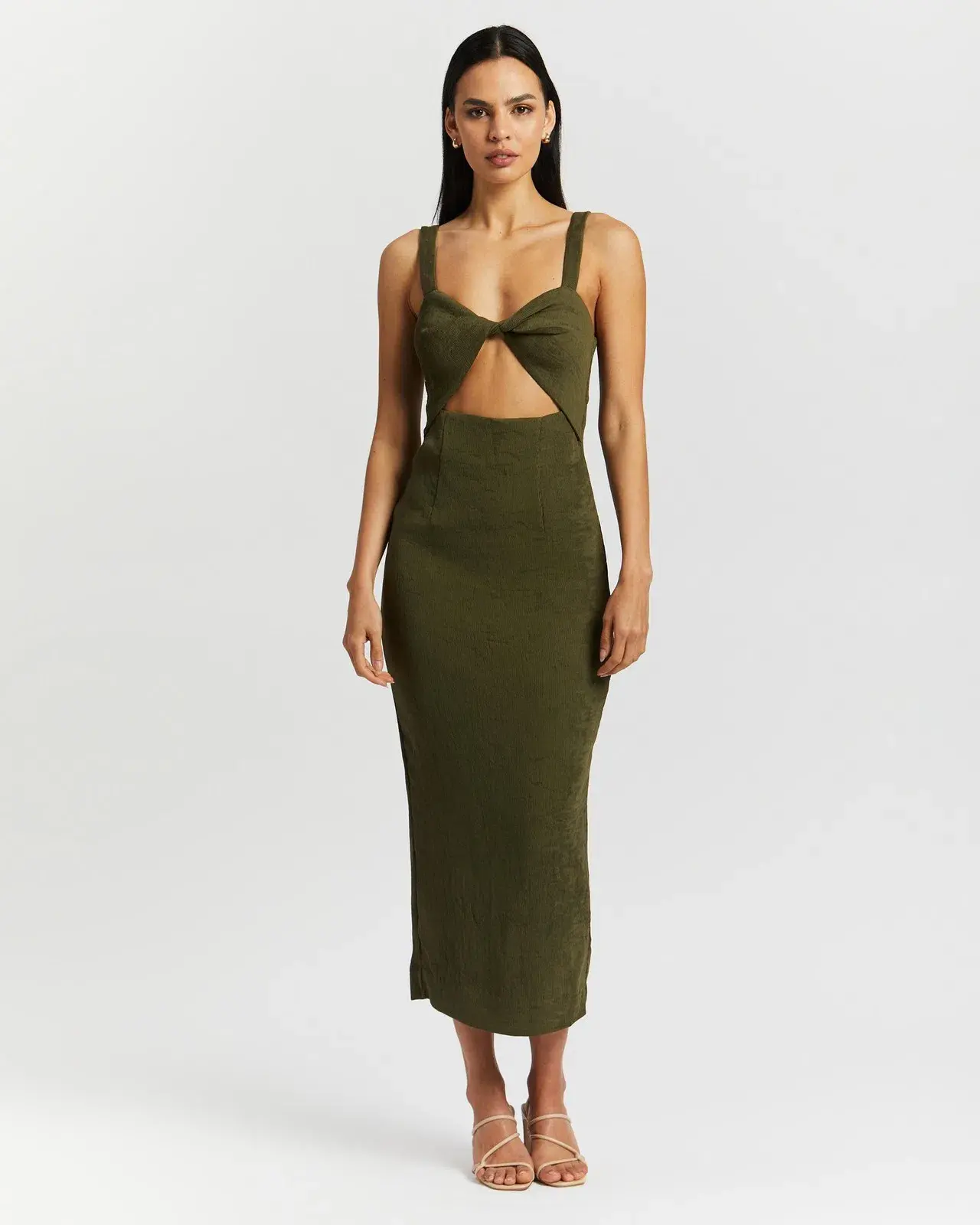 Shona Joy Simone Fitted Cut Out Midi Dress Olive Green Size 6 - Image 1