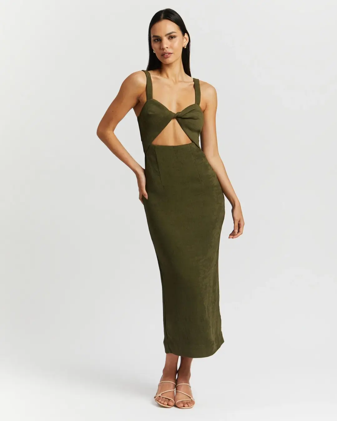 Shona Joy Simone Fitted Cut Out Midi Dress Olive Green Size 6 for rent on The Volte - main image