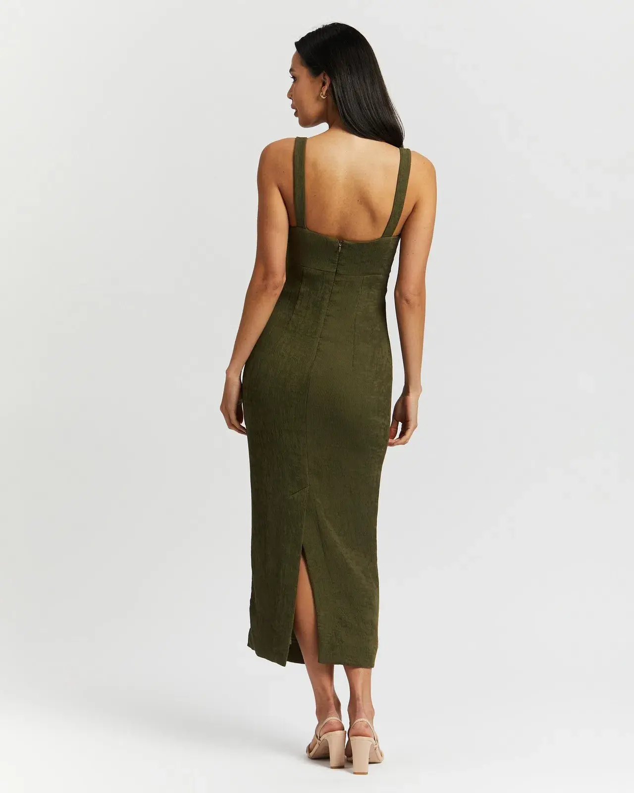 Shona Joy Simone Fitted Cut Out Midi Dress Olive Green Size 6 - Image 3