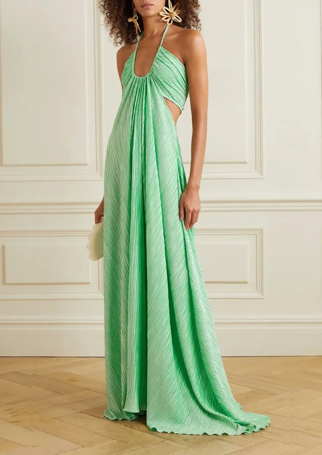 LoveShackFancy Julissa Plissé Satin Halterneck Maxi Dress In Light Emerald Size S / AU 8 for rent on The Volte - main image