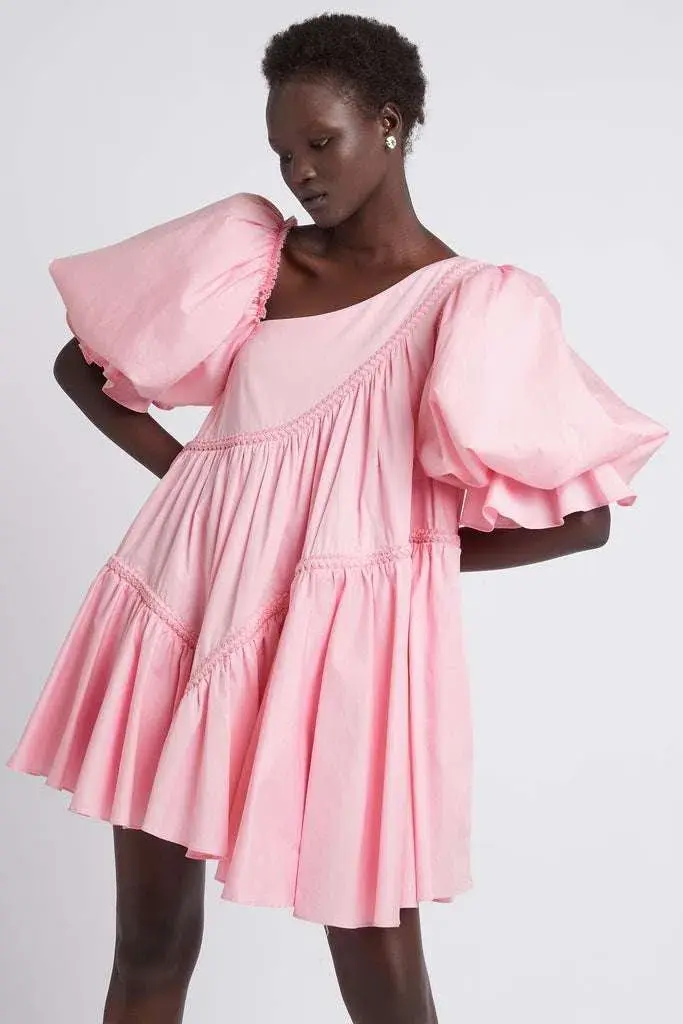 Aje Casabianca Braided Asymmetric Puff Sleeve Mini Dress Pink Size 4 - Image 2
