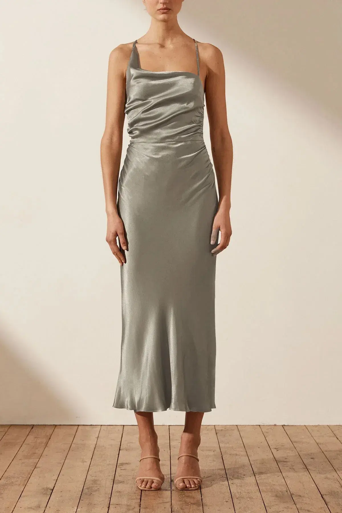 Shona Joy La Lune Asymmetrical Bias Cowl Midi Dress Sage Size 8 - Image 1