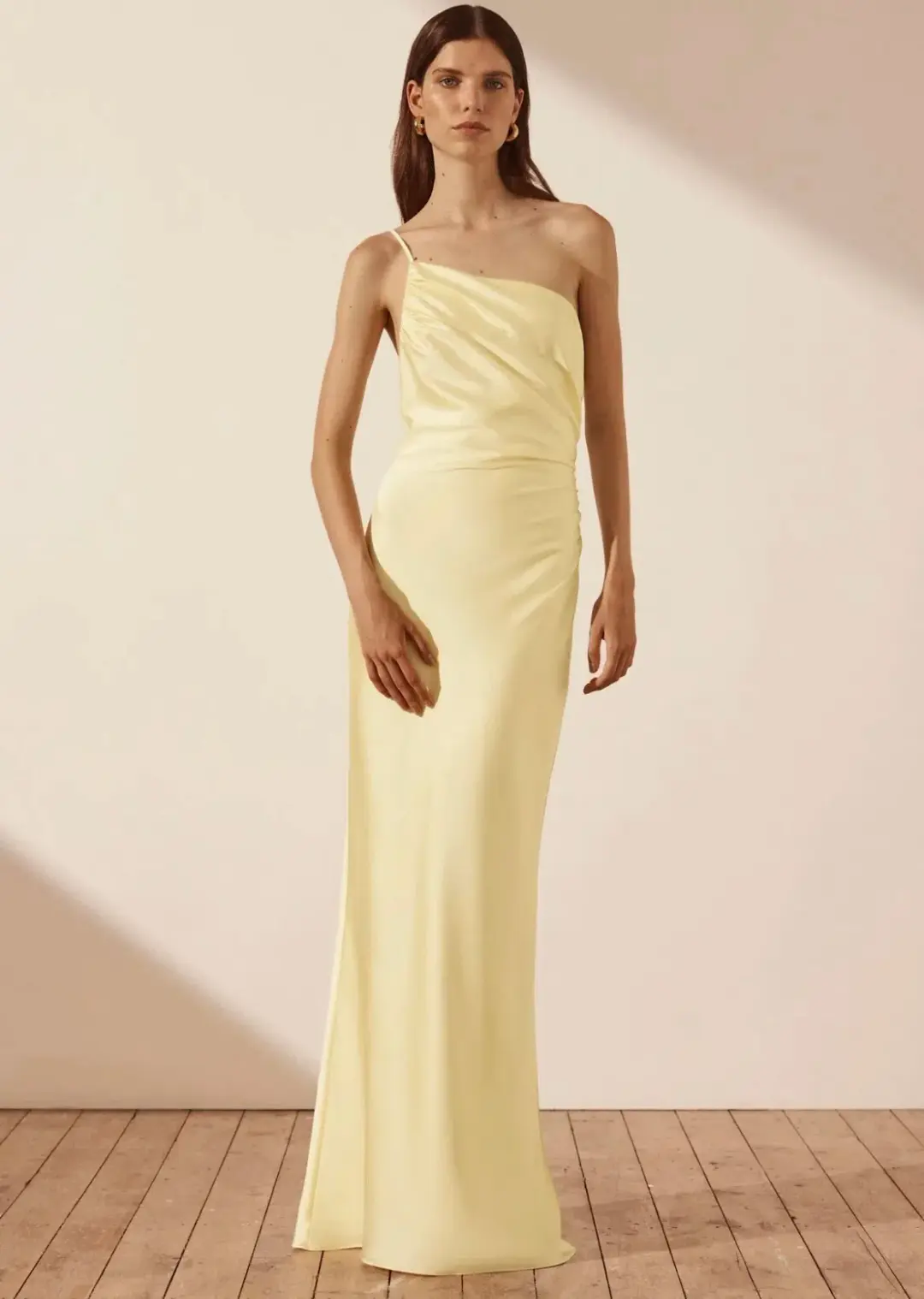 Shona Joy Luxe Asymmetrical Gathered Maxi Dress in Lemon Size 12  for rent on The Volte - main image