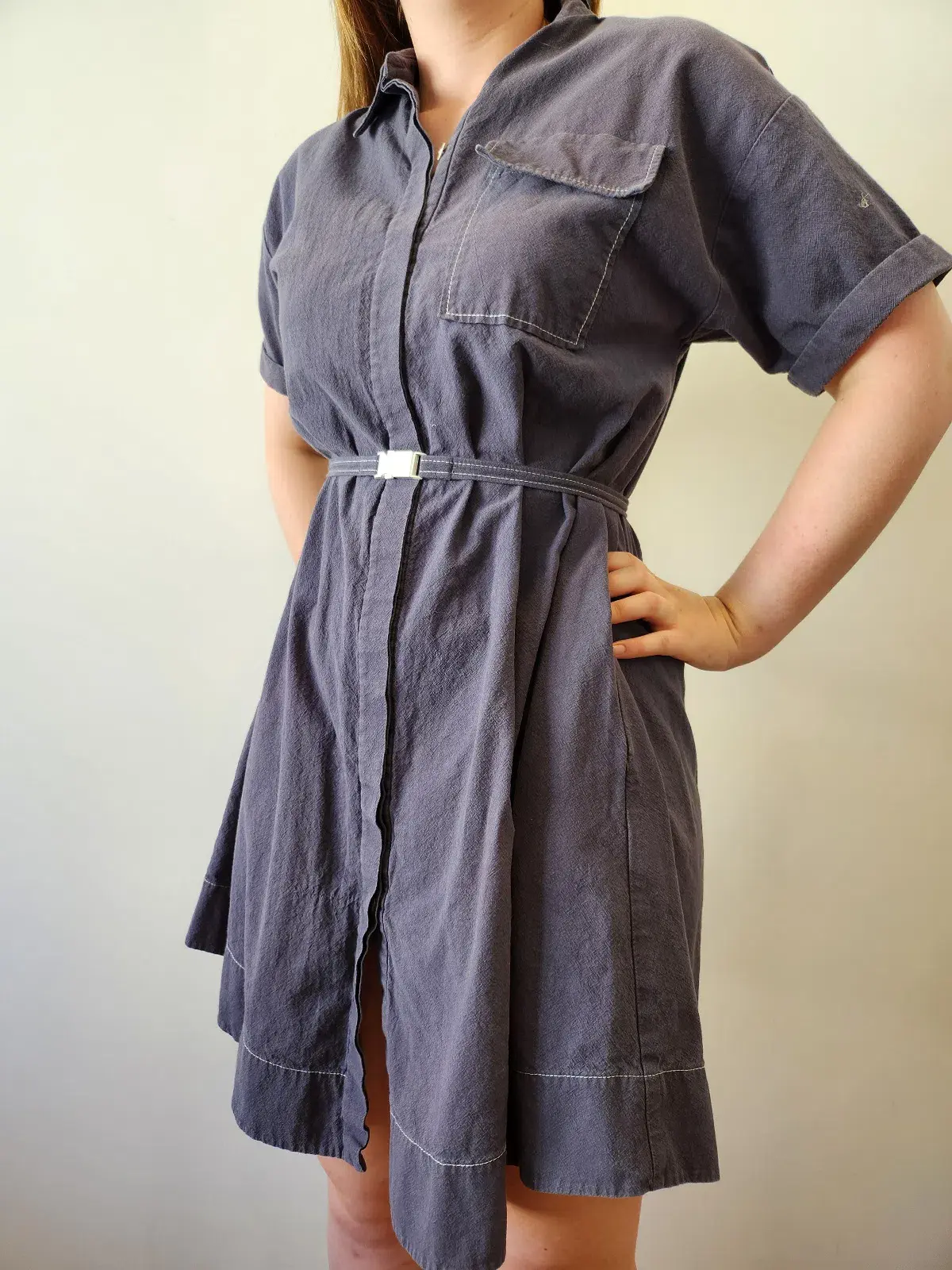 Cue Button Up Dress with Belt Navy Size 8 - Image 3