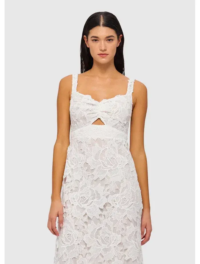 Leo Lin Iris Lace Ruched Bust Midi Dress White Size 8 for rent on The Volte - main image