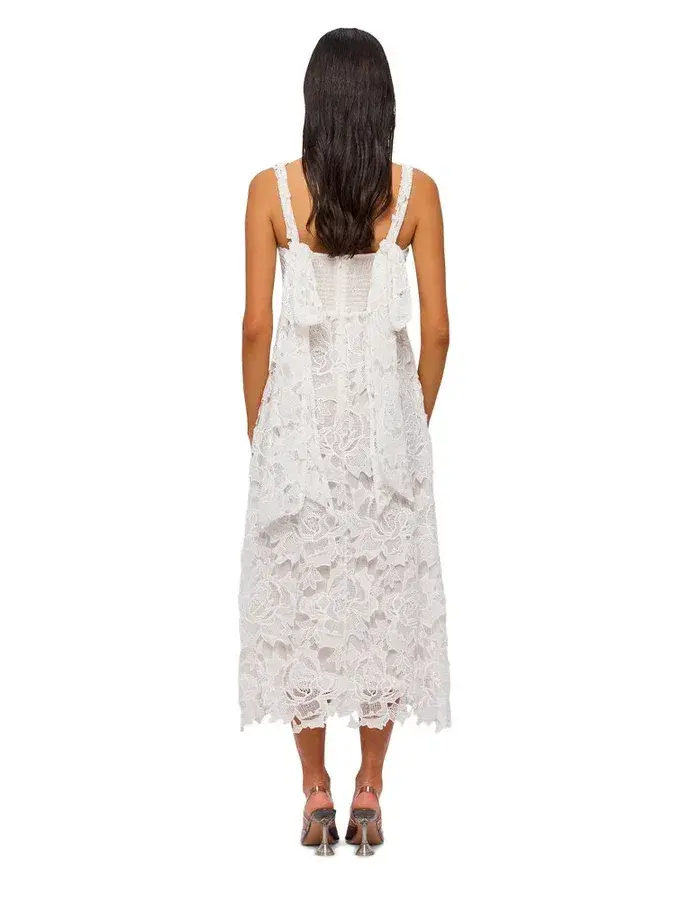 Leo Lin Iris Lace Ruched Bust Midi Dress White Size 8 for rent on The Volte - main image