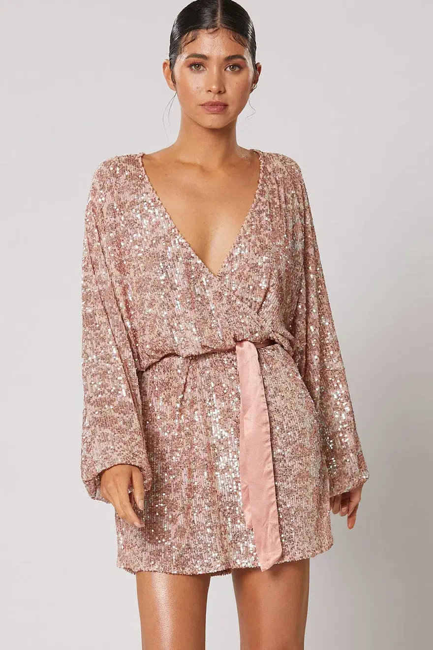 Winona Stellina Long Sleeve Dress Rose Gold Sequin Size M/ AU 10 - Image 2