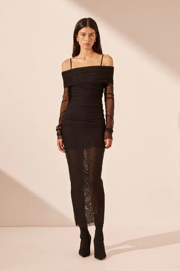 Shona Joy Mira Long Sleeve Off Shoulder Midi Dress Black Size 8 - Image 1