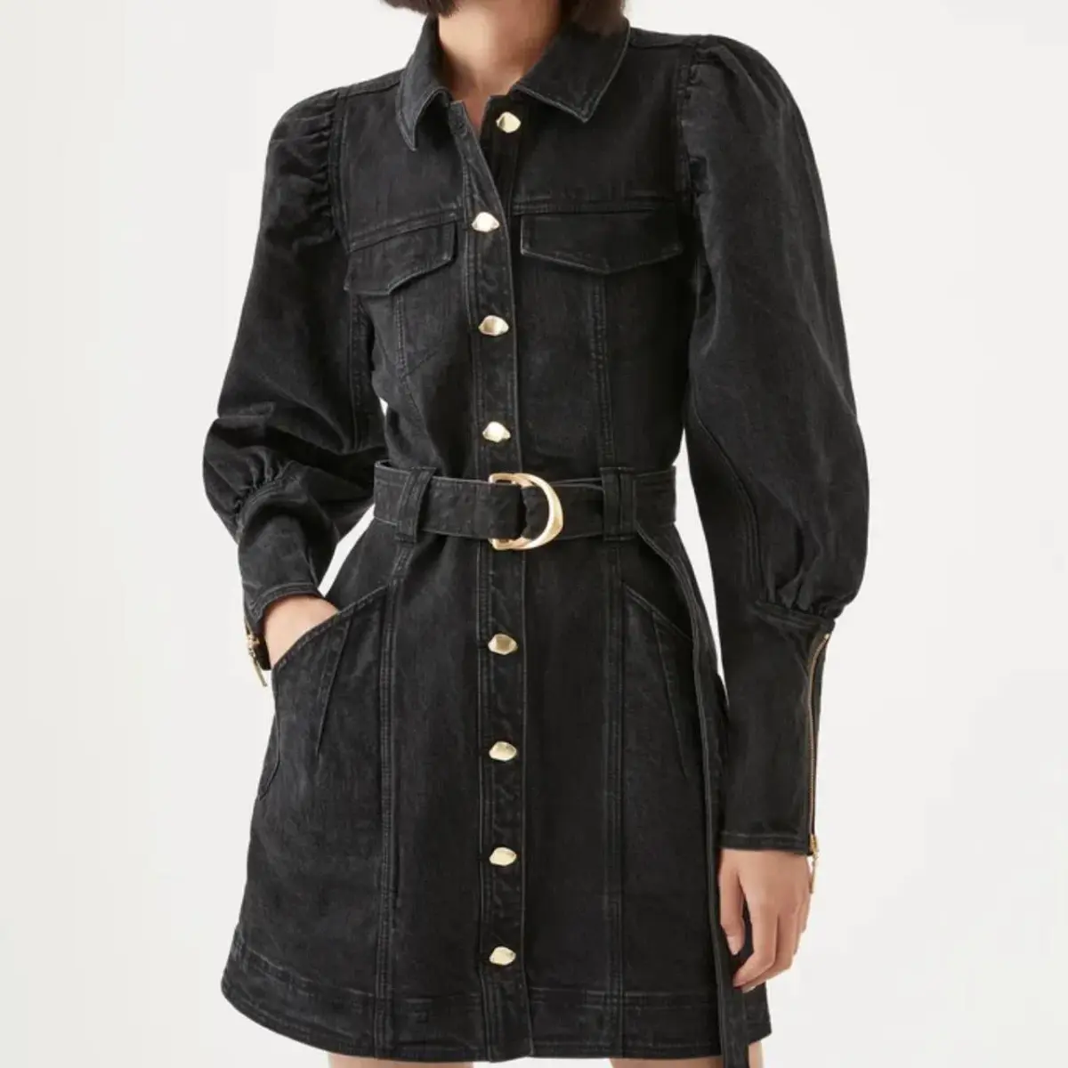 Aje Dione Denim Long Sleeve Dress Black Size 8  - Image 4
