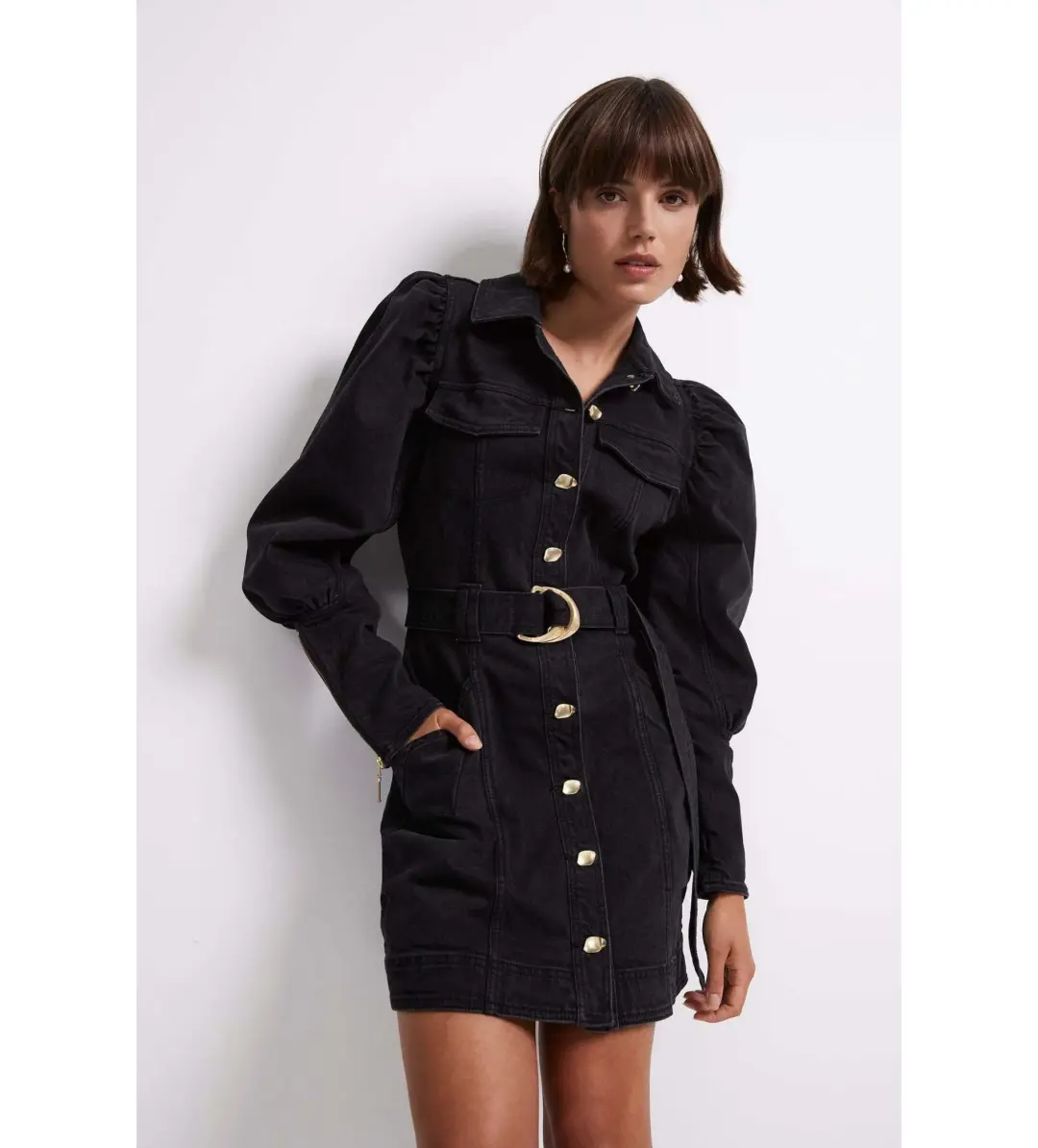 Aje Dione Denim Long Sleeve Dress Black Size 8  for rent on The Volte - main image