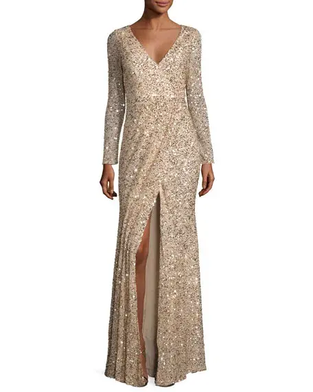 Rachel Gilbert Long Sleeve Sequined V Neck Gown Gold Size 2 for rent on The Volte - main image