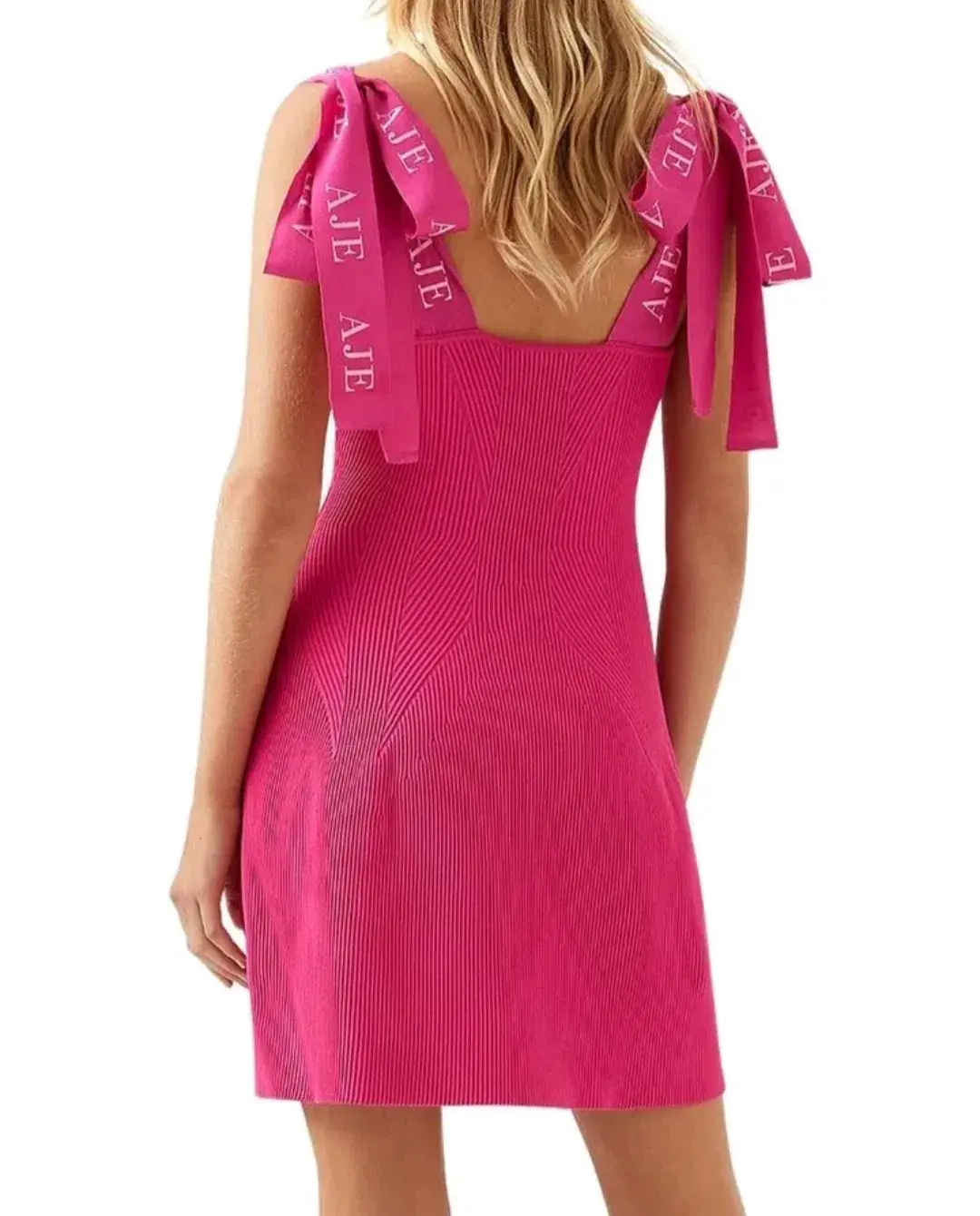 Aje Amber Knit Tie Shoulder Logo Mini Dress Pink Size L / AU 12 for rent on The Volte - main image