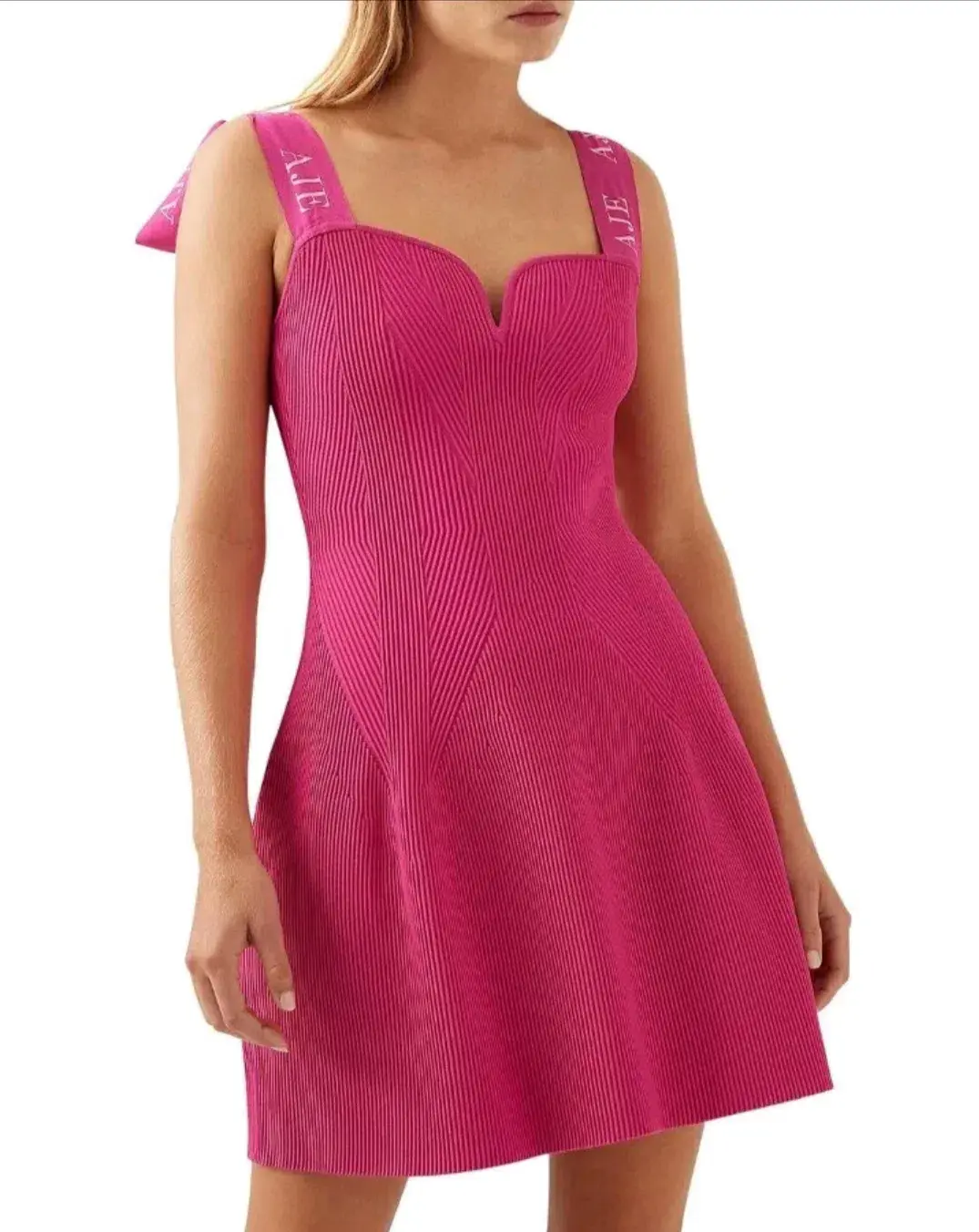 Aje Amber Knit Tie Shoulder Logo Mini Dress Pink Size L / AU 12 - Image 3