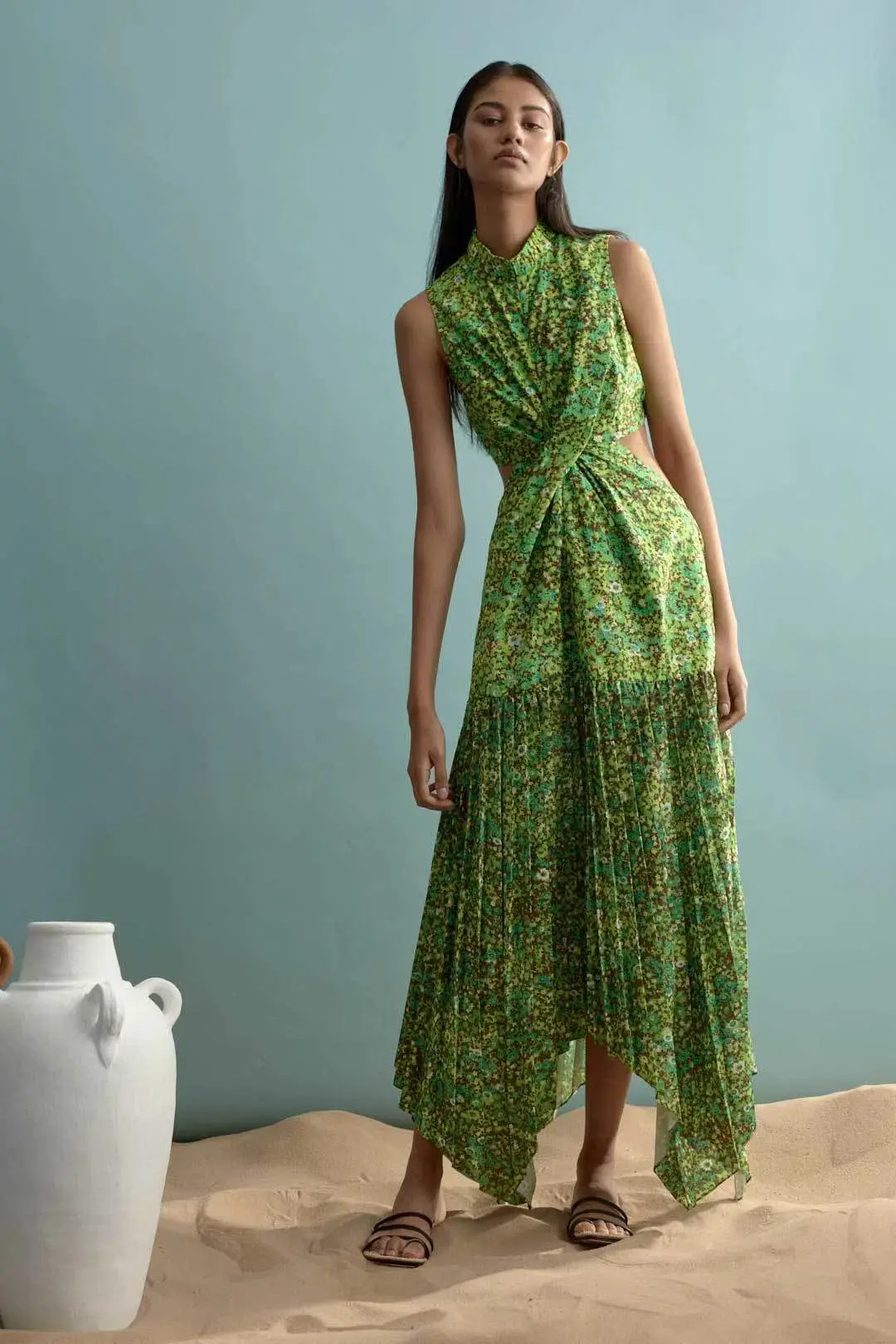 Alemais Phyllis Twist Front Pleat Dress Green Print Size 10 - Image 1