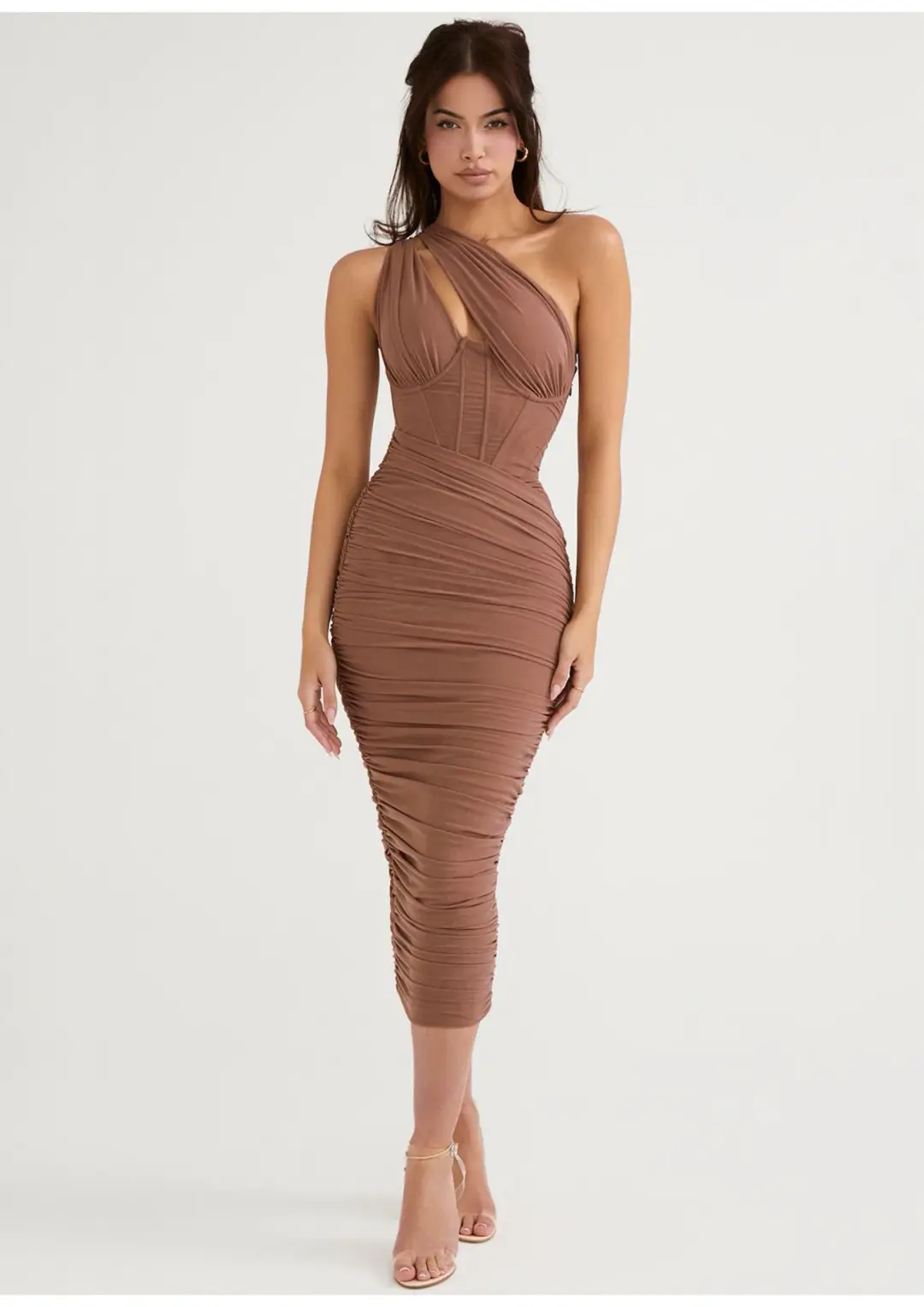 House of CB Valentina Asymmetric Cutout Midi Dress Mocha Size S / AU 8 for rent on The Volte - main image