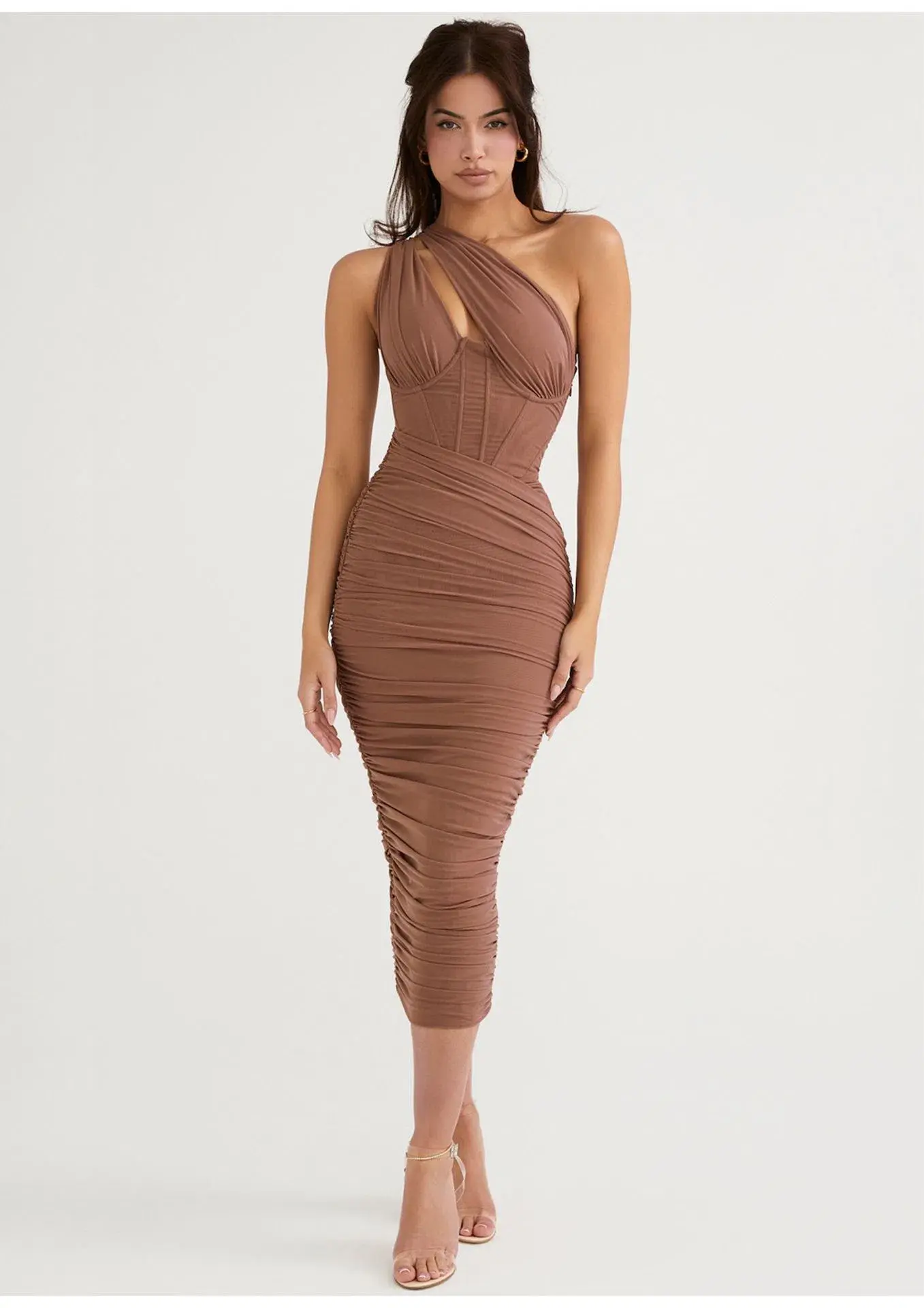 House of CB Valentina Asymmetric Cutout Midi Dress Mocha Size S / AU 8 - Image 1