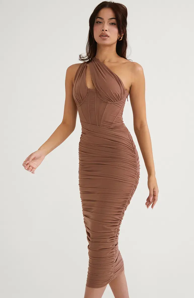 House of CB Valentina Asymmetric Cutout Midi Dress Mocha Size S / AU 8 - Image 2