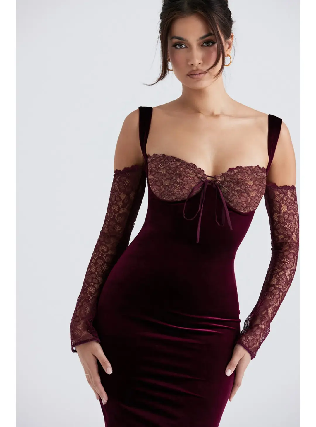 House Of CB Ivy Velvet Maxi Dress Black Cherry Size AU 6 for rent on The Volte - main image